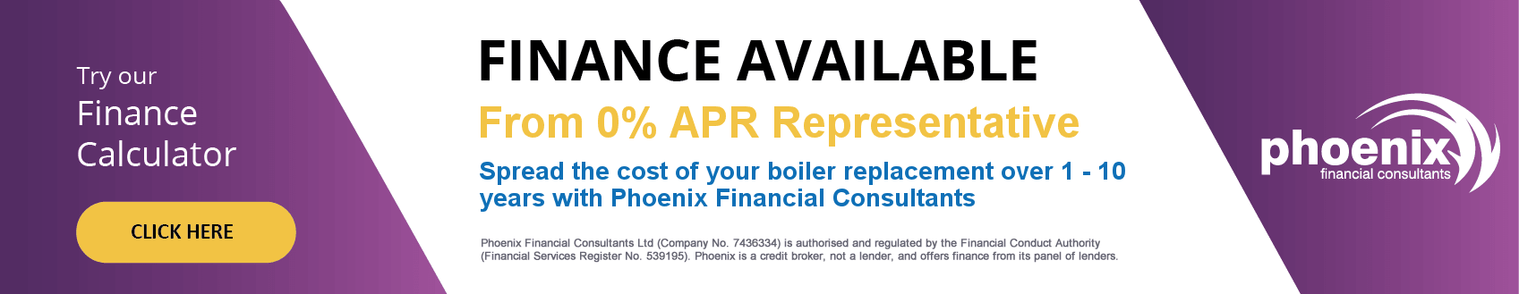 Finance available from 0% APR representative, spreading boiler replacement costs over 1 to 10 years with Phoenix Financial Consultants
